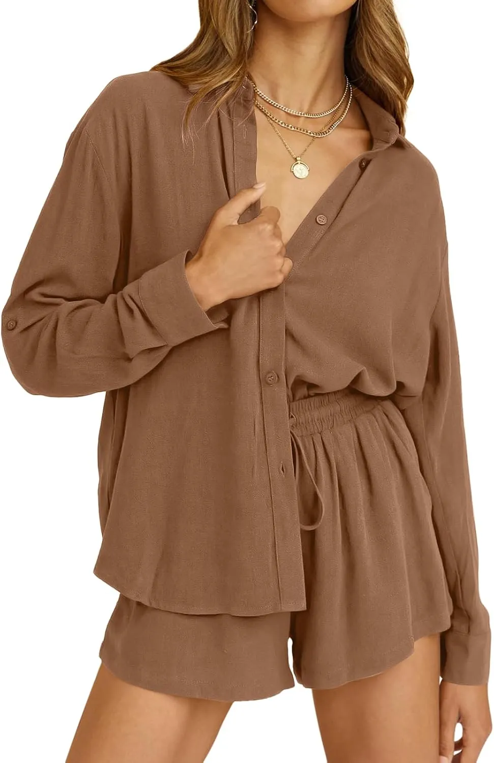 DEEP SELF 2 Piece Outfits for Women Summer Botton Down Long Sleeve Shirt and Shorts Set Tracksuit Pajamas Sets with Pockets