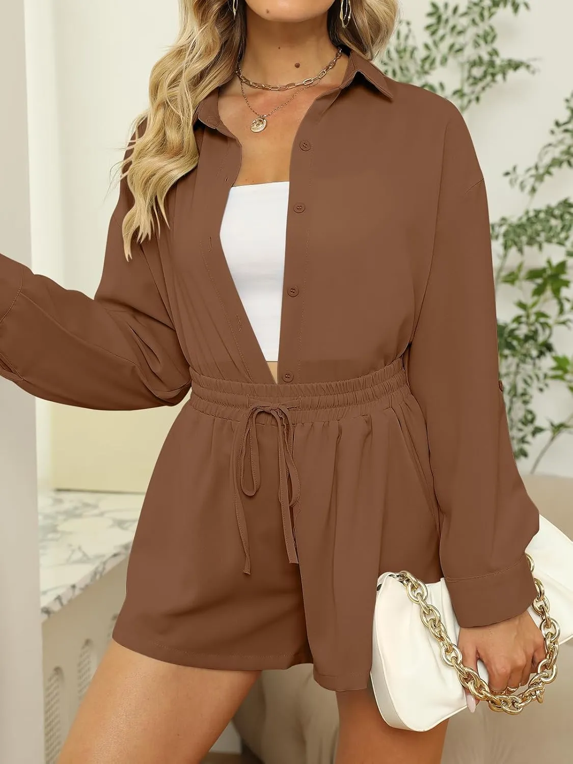 DEEP SELF 2 Piece Outfits for Women Summer Botton Down Long Sleeve Shirt and Shorts Set Tracksuit Pajamas Sets with Pockets