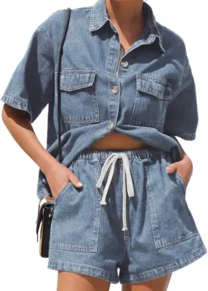 Denim Set for Women 2 Piece Button Down Shirt High Waist Denim Short Set Summer Jean Matching Sets