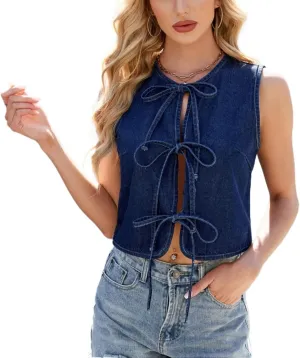 Denim Vest Sleeveless Crewneck Bows Tie Front Crop Top Y2K Summer Jean Vintage Fashion Western Cowgirl Jacket