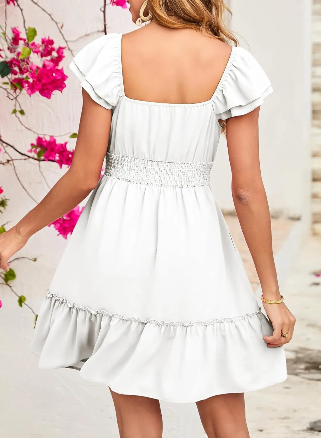 Dokotoo Womens Summer Dresses 2025 Ruffle Short Sleeve Shirred High Waist Tiered Smocked A-Line Casual Dress with Pocket