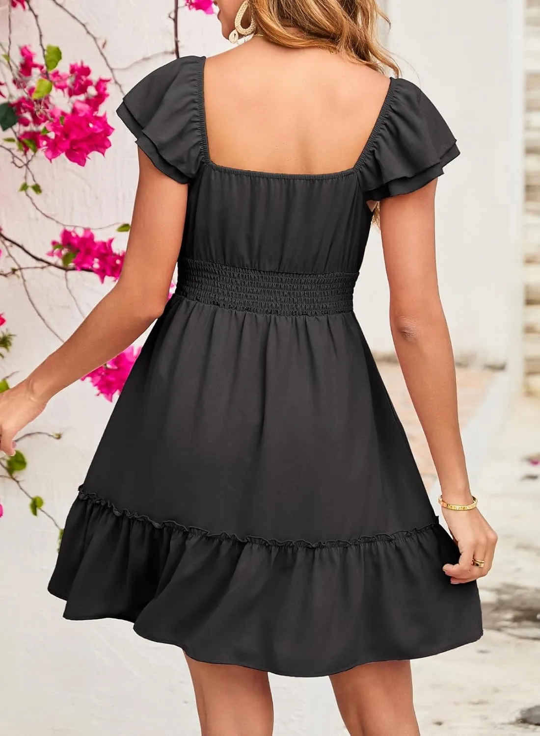 Dokotoo Womens Summer Dresses 2025 Ruffle Short Sleeve Shirred High Waist Tiered Smocked A-Line Casual Dress with Pocket