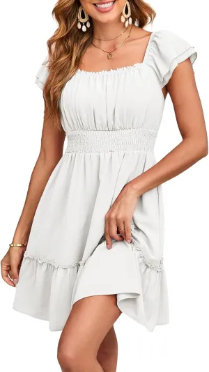 Dokotoo Womens Summer Dresses 2025 Ruffle Short Sleeve Shirred High Waist Tiered Smocked A-Line Casual Dress with Pocket