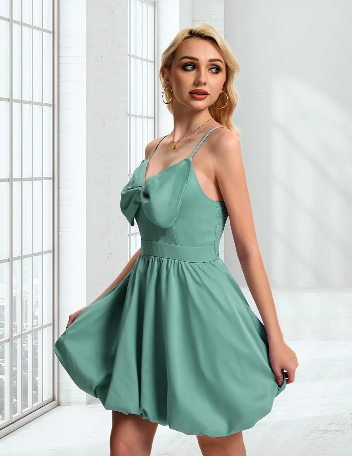 DRESSTELLS Women Cocktail Dresses Summer Short Mini Bubble Graduation Party Bow Spaghetti Strap Smocked Dress