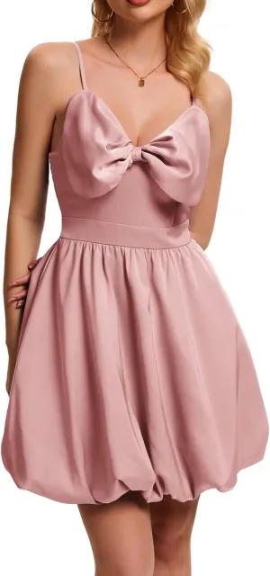 DRESSTELLS Women Cocktail Dresses Summer Short Mini Bubble Graduation Party Bow Spaghetti Strap Smocked Dress