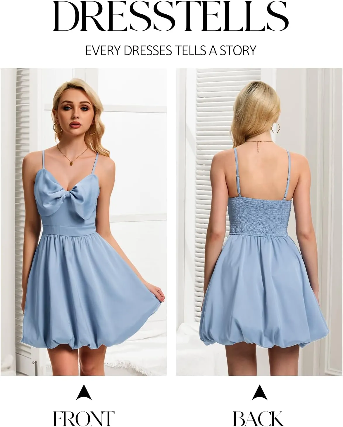 DRESSTELLS Women Cocktail Dresses Summer Short Mini Bubble Graduation Party Bow Spaghetti Strap Smocked Dress