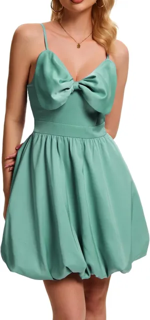 DRESSTELLS Women Cocktail Dresses Summer Short Mini Bubble Graduation Party Bow Spaghetti Strap Smocked Dress