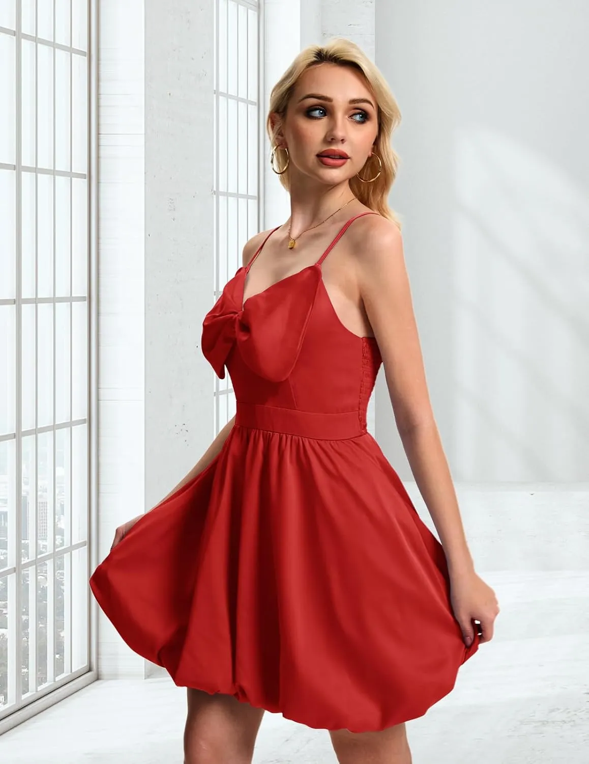 DRESSTELLS Women Cocktail Dresses Summer Short Mini Bubble Graduation Party Bow Spaghetti Strap Smocked Dress