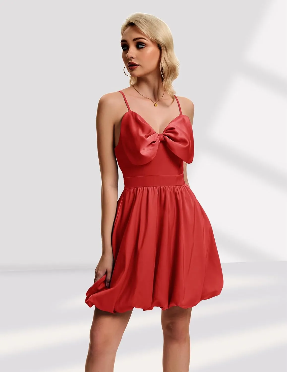 DRESSTELLS Women Cocktail Dresses Summer Short Mini Bubble Graduation Party Bow Spaghetti Strap Smocked Dress