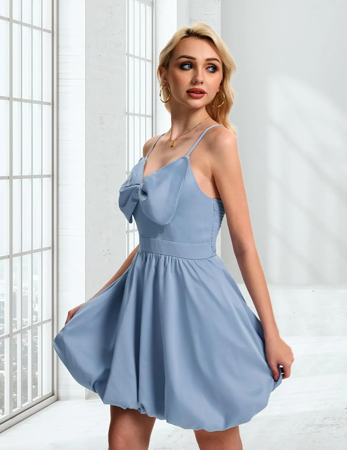 DRESSTELLS Women Cocktail Dresses Summer Short Mini Bubble Graduation Party Bow Spaghetti Strap Smocked Dress