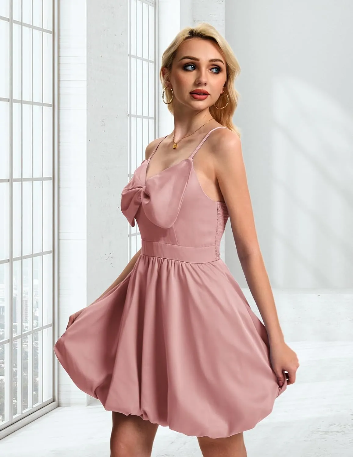 DRESSTELLS Women Cocktail Dresses Summer Short Mini Bubble Graduation Party Bow Spaghetti Strap Smocked Dress