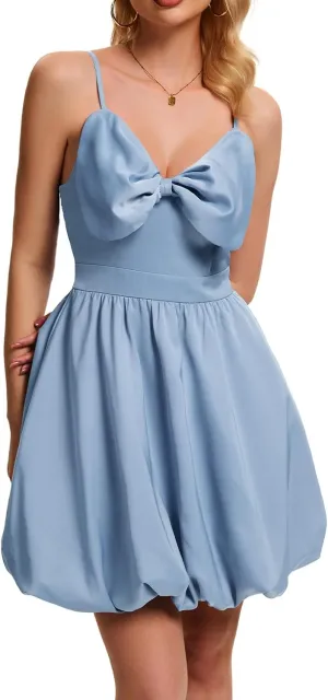 DRESSTELLS Women Cocktail Dresses Summer Short Mini Bubble Graduation Party Bow Spaghetti Strap Smocked Dress