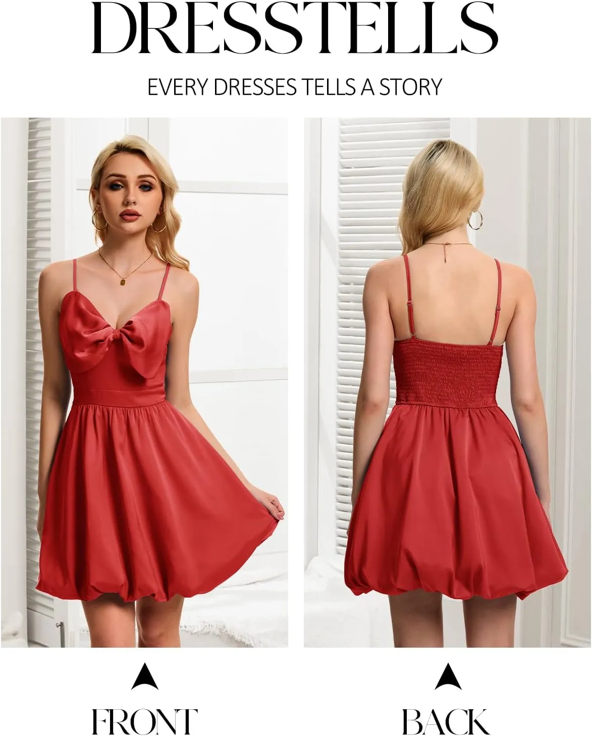 DRESSTELLS Women Cocktail Dresses Summer Short Mini Bubble Graduation Party Bow Spaghetti Strap Smocked Dress