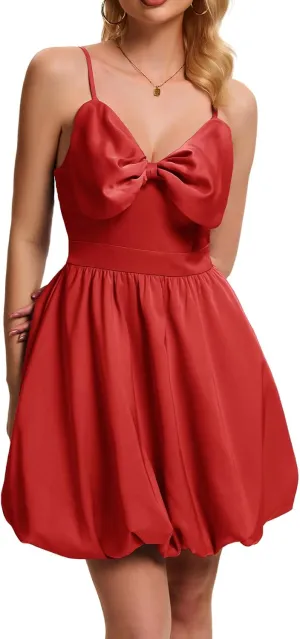 DRESSTELLS Women Cocktail Dresses Summer Short Mini Bubble Graduation Party Bow Spaghetti Strap Smocked Dress