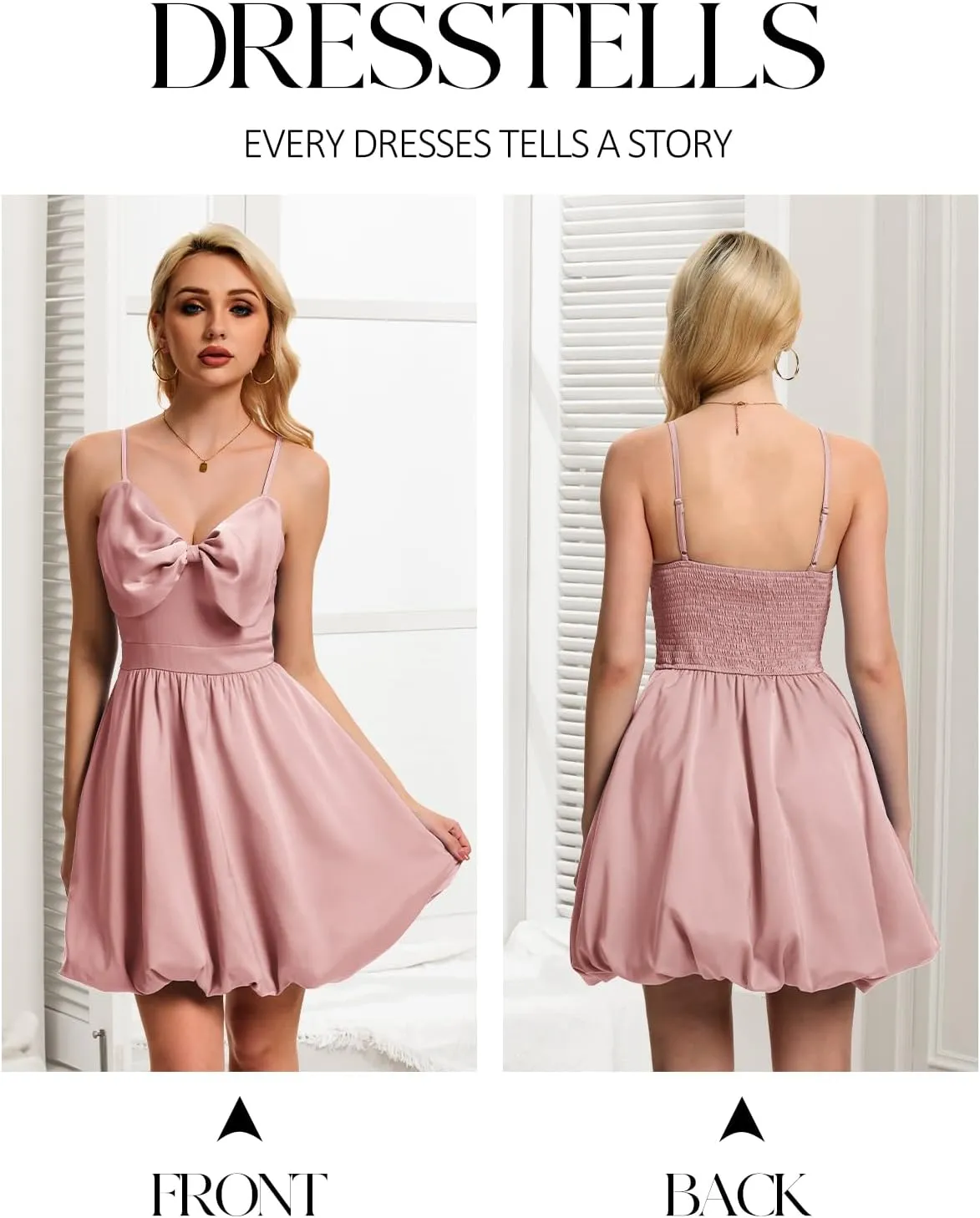 DRESSTELLS Women Cocktail Dresses Summer Short Mini Bubble Graduation Party Bow Spaghetti Strap Smocked Dress