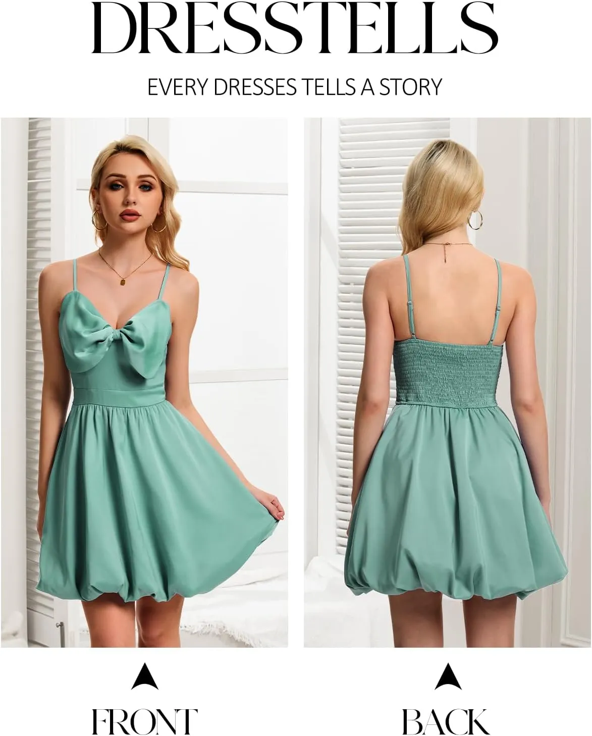 DRESSTELLS Women Cocktail Dresses Summer Short Mini Bubble Graduation Party Bow Spaghetti Strap Smocked Dress