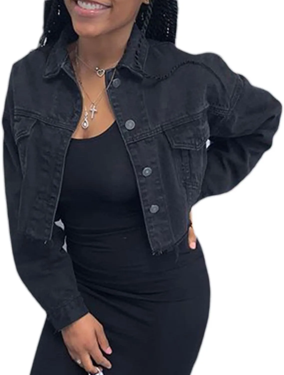 DSORVICD Women's Denim Short Coat, Solid Color Long Sleeve Lapel Jacket Button Down Distressed Hem Crop Jeans Coat