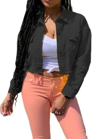 DSORVICD Women's Denim Short Coat, Solid Color Long Sleeve Lapel Jacket Button Down Distressed Hem Crop Jeans Coat