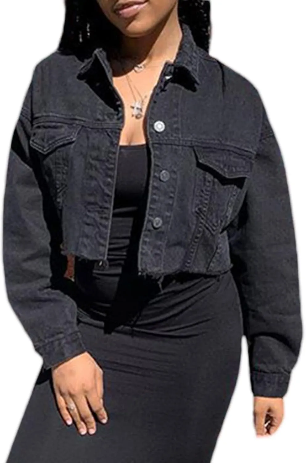 DSORVICD Women's Denim Short Coat, Solid Color Long Sleeve Lapel Jacket Button Down Distressed Hem Crop Jeans Coat