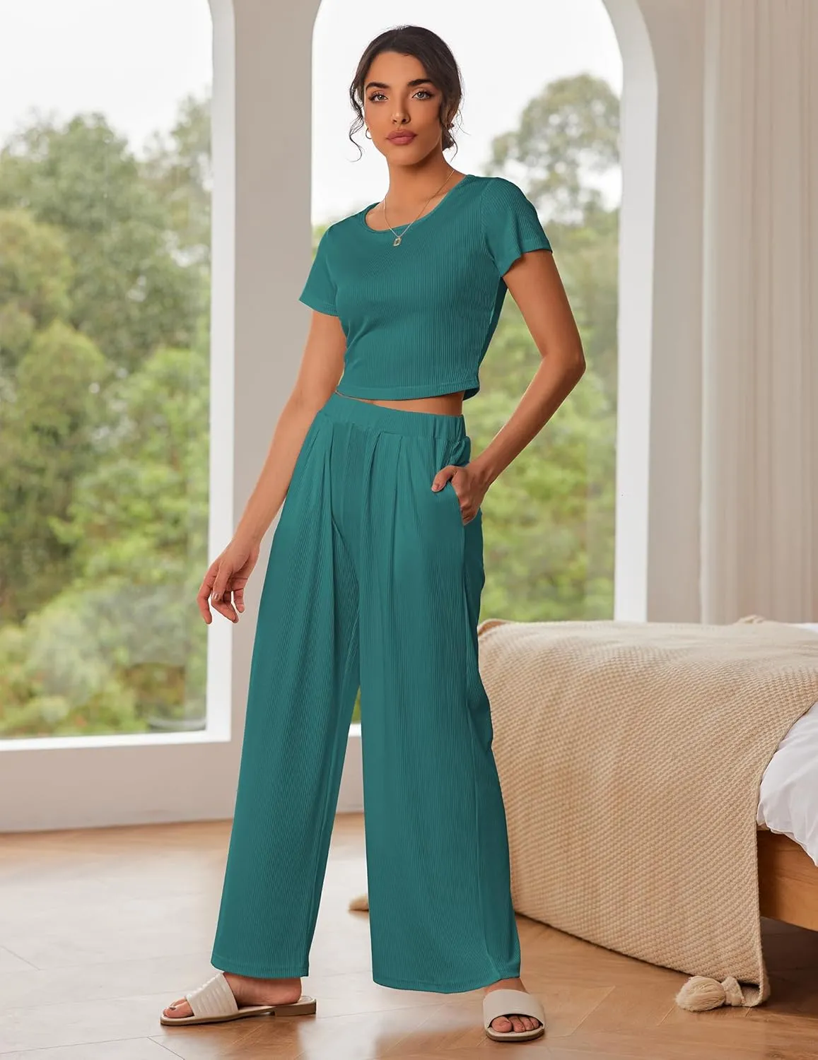 Ekouaer Women's 2 Piece Lounge Sets Short Sleeve Pajama Set Ribbed Knit Crop Top Wide Leg Pants Loungewear S-XXL