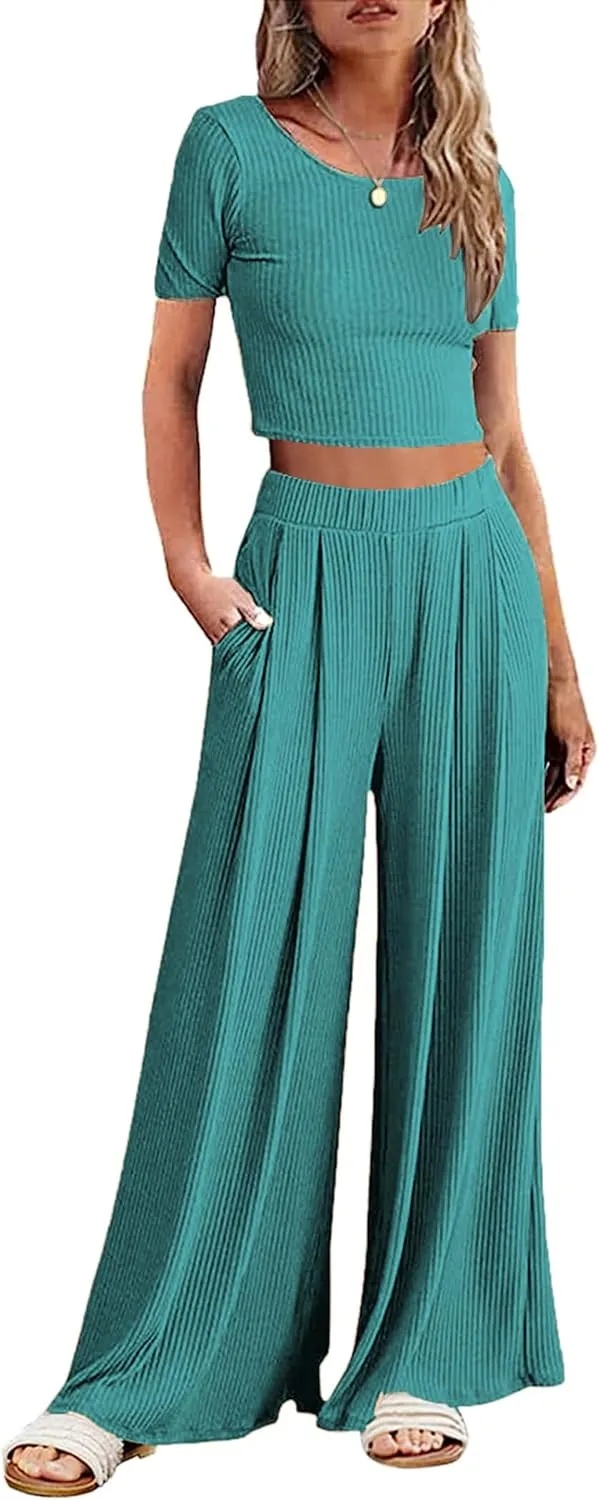 Ekouaer Women's 2 Piece Lounge Sets Short Sleeve Pajama Set Ribbed Knit Crop Top Wide Leg Pants Loungewear S-XXL