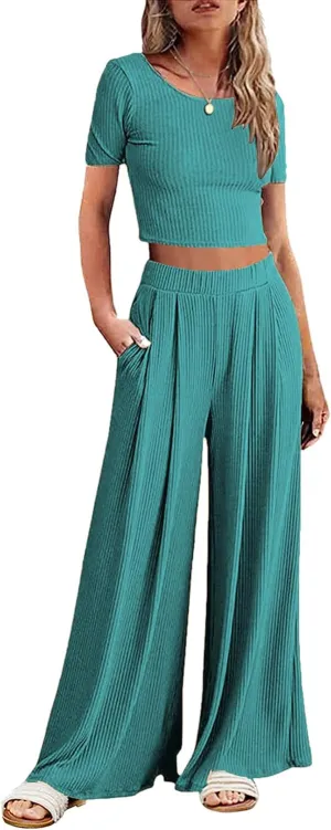 Ekouaer Women's 2 Piece Lounge Sets Short Sleeve Pajama Set Ribbed Knit Crop Top Wide Leg Pants Loungewear S-XXL