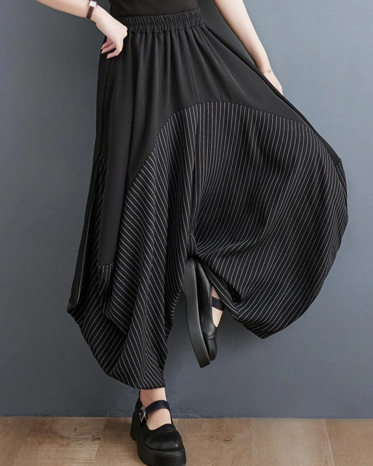 ellazhu Women's Puffy Drawstring Elastic Waist Solid Color Wide Leg Harem Pants GZ128 A