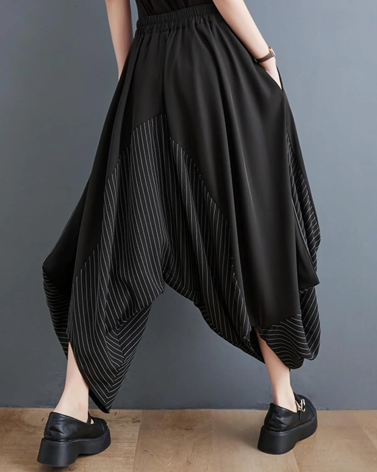ellazhu Women's Puffy Drawstring Elastic Waist Solid Color Wide Leg Harem Pants GZ128 A