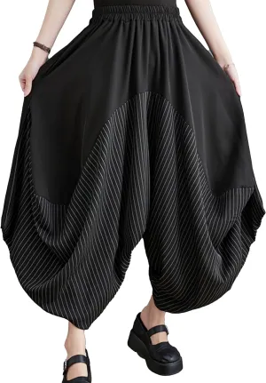 ellazhu Women's Puffy Drawstring Elastic Waist Solid Color Wide Leg Harem Pants GZ128 A