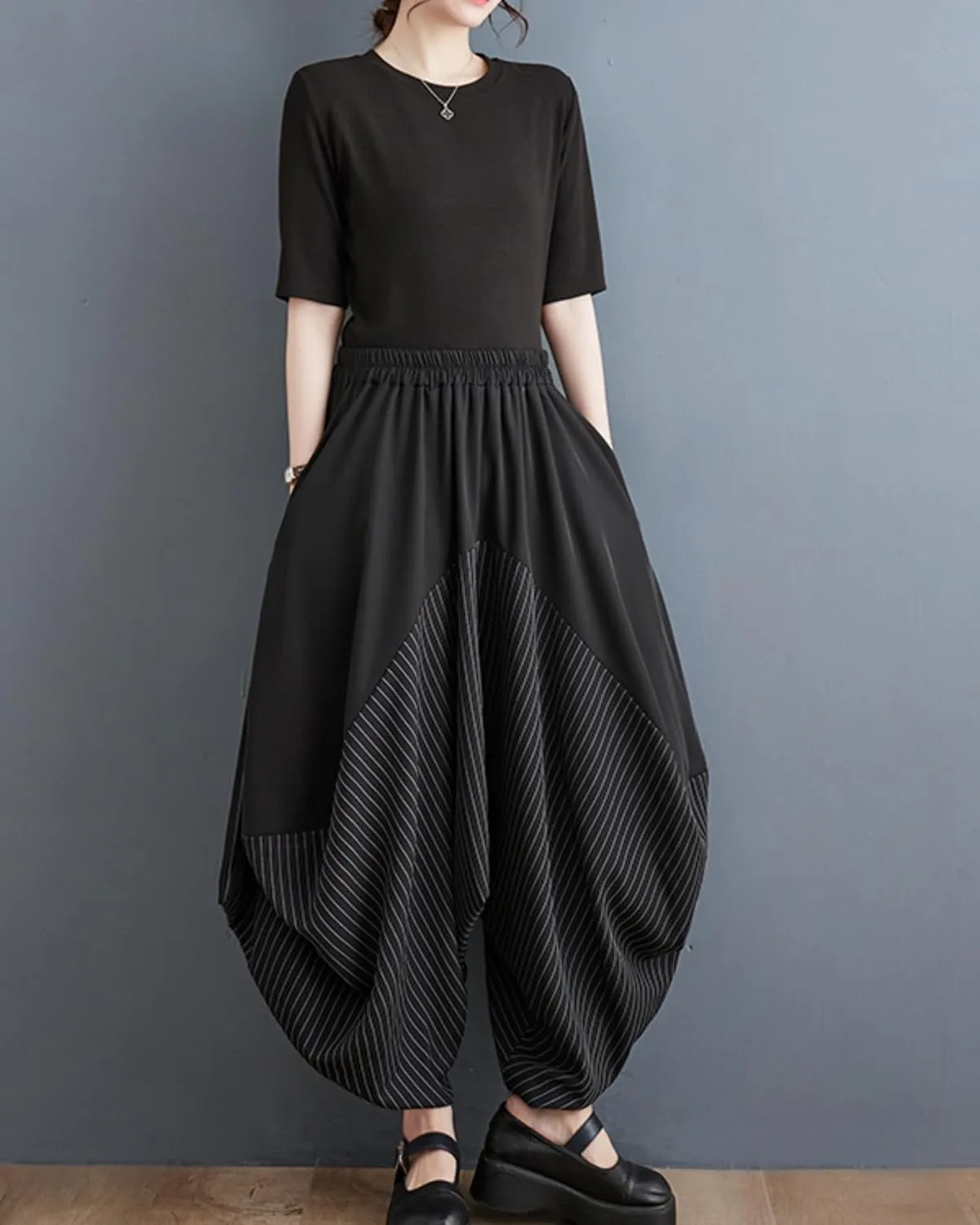 ellazhu Women's Puffy Drawstring Elastic Waist Solid Color Wide Leg Harem Pants GZ128 A