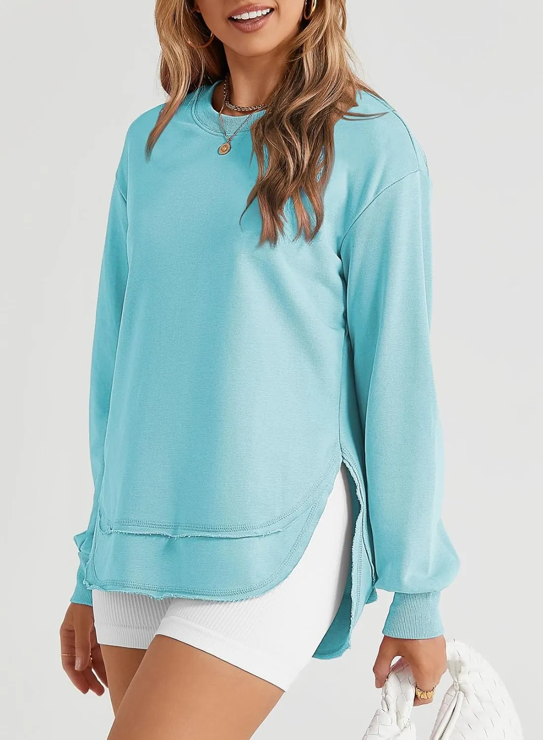 EVALESS Sweatshirt for Women Crewneck Long Sleeve Side Split Tops Casual Solid Color Loose Pullover Shirts 2025 Clothes