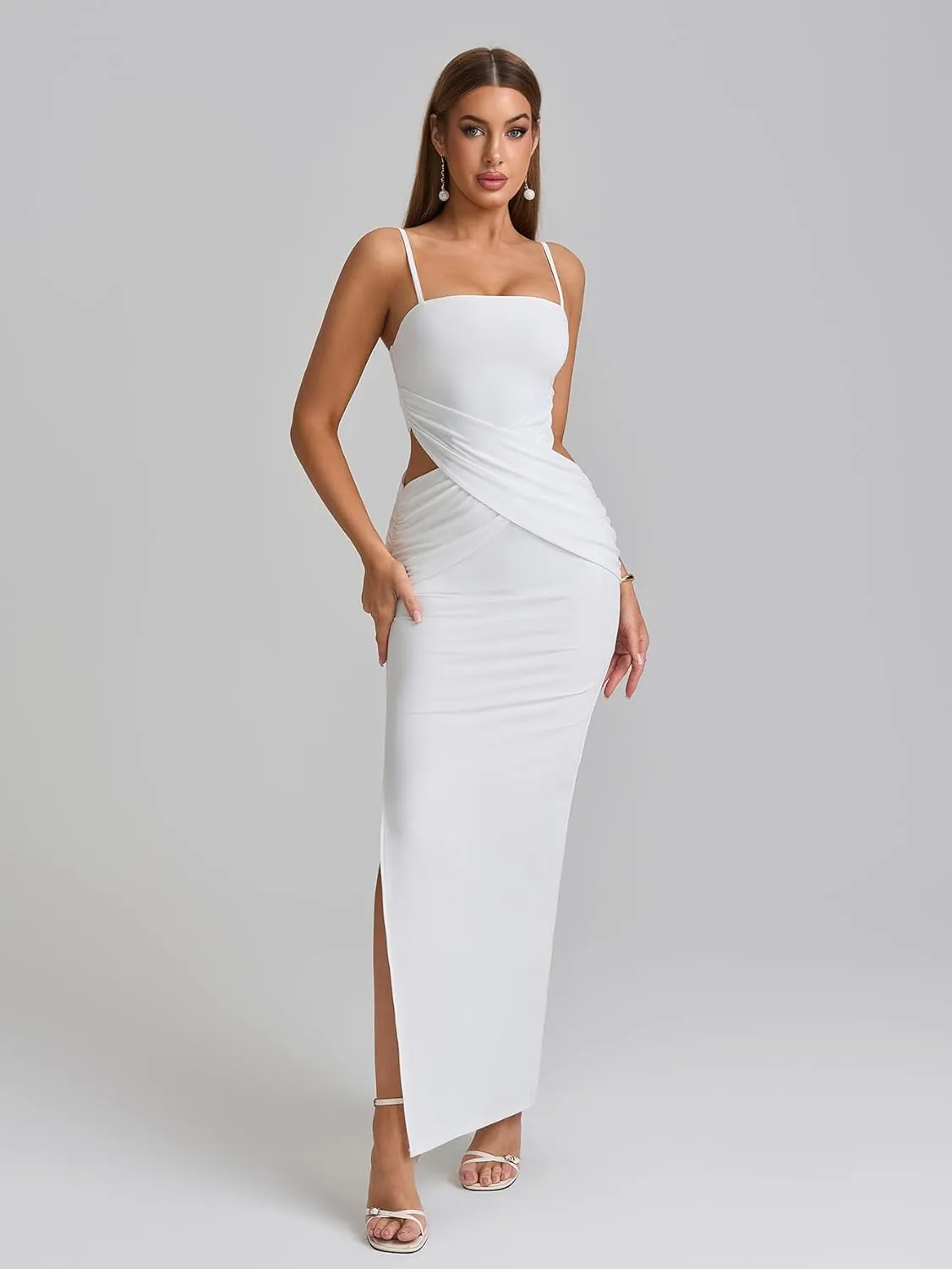 EYNMIN Spaghetti Strap Long Formal Dress Cut Out Ruched Bodycon Split Elegant Wedding Guest Maxi Dresses for Women