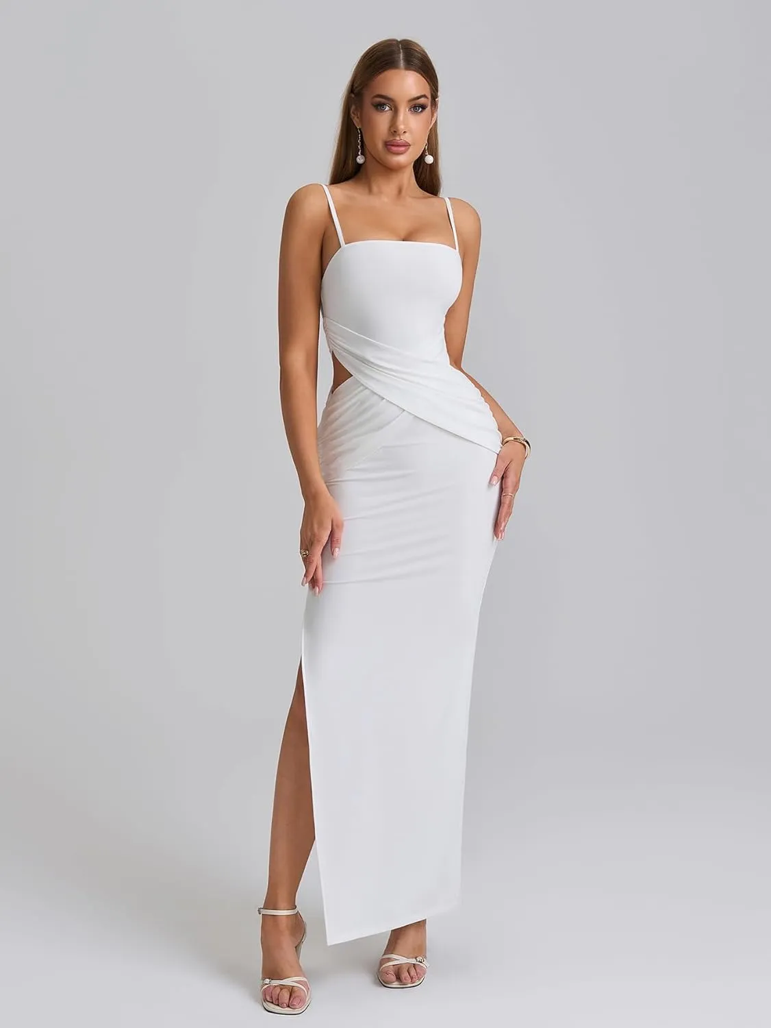 EYNMIN Spaghetti Strap Long Formal Dress Cut Out Ruched Bodycon Split Elegant Wedding Guest Maxi Dresses for Women