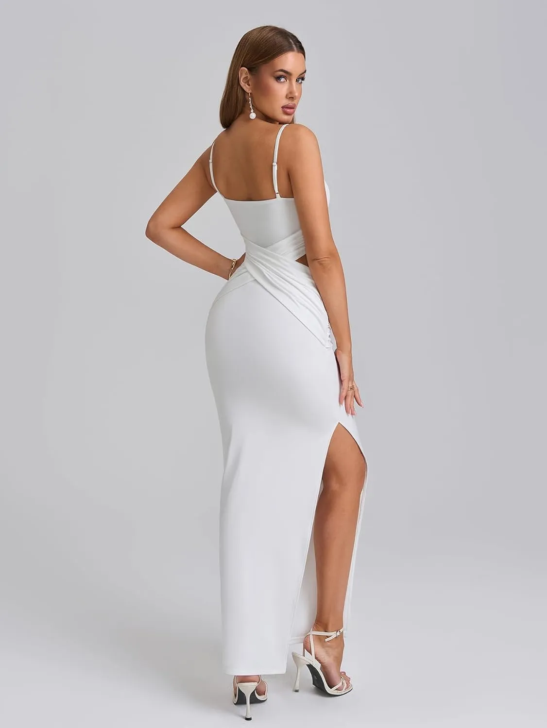 EYNMIN Spaghetti Strap Long Formal Dress Cut Out Ruched Bodycon Split Elegant Wedding Guest Maxi Dresses for Women
