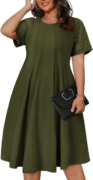 Eytino Womens Plus Size Dress Lace Short Sleeve Crewneck Casual Pleated Swing Midi Dresses with Pockets(1X-5X)