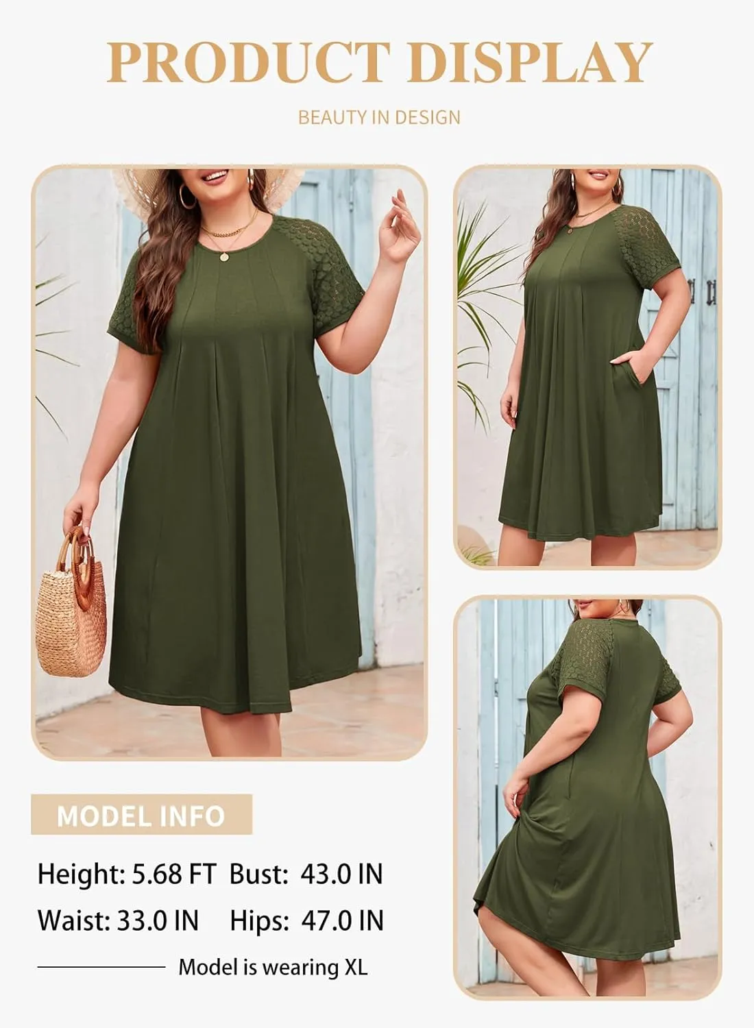 Eytino Womens Plus Size Dress Lace Short Sleeve Crewneck Casual Pleated Swing Midi Dresses with Pockets(1X-5X)
