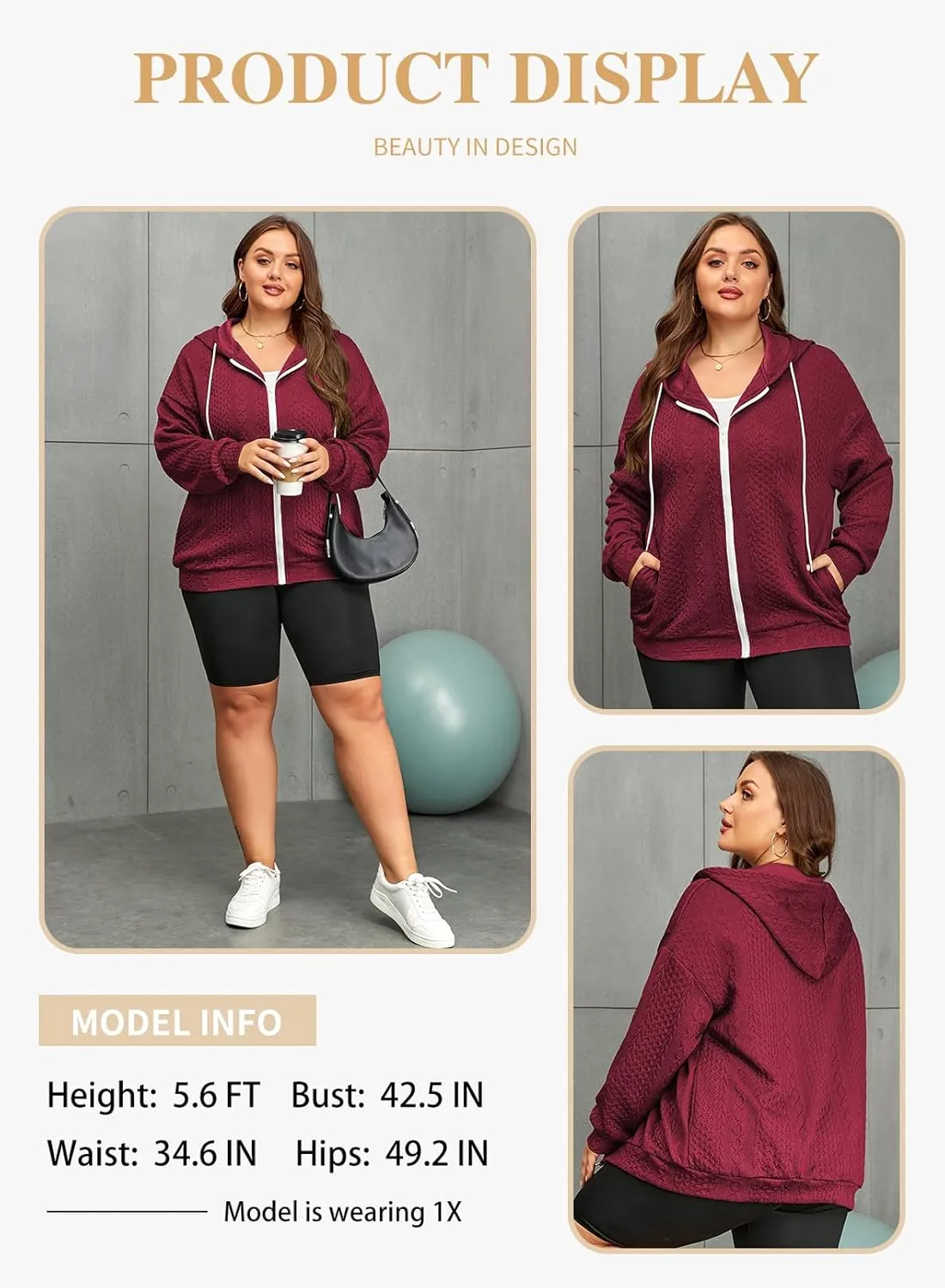 Eytino Womens Plus Size Hoodies Sweatshirt Long Sleeve Zip Up Drawstring Jacket Coat Outwear with Pocket(1X-5X)