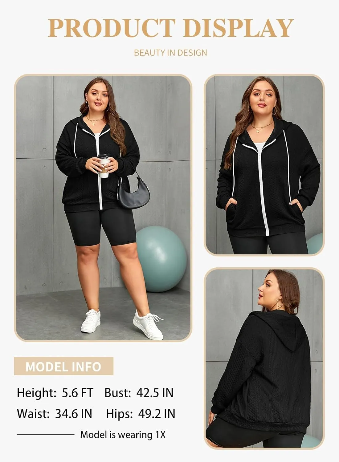 Eytino Womens Plus Size Hoodies Sweatshirt Long Sleeve Zip Up Drawstring Jacket Coat Outwear with Pocket(1X-5X)