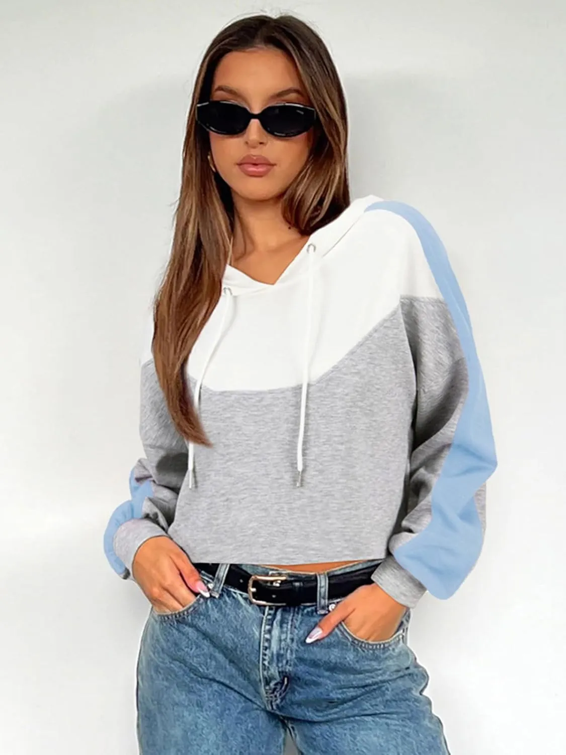 FAIRY SEASON Women Cropped Hoodies Long Sleeve Oversized Hooded Sweatshirt Color Block Crop Top Shirt Y2K Workout Pullover