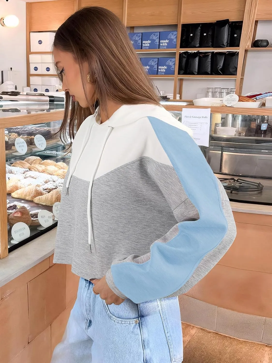 FAIRY SEASON Women Cropped Hoodies Long Sleeve Oversized Hooded Sweatshirt Color Block Crop Top Shirt Y2K Workout Pullover