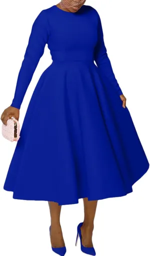 Famnbro Women's Vintage Cocktail Dresses 1950s Round Neck Long Sleeve A Line Formal Church Swing Maxi Dress