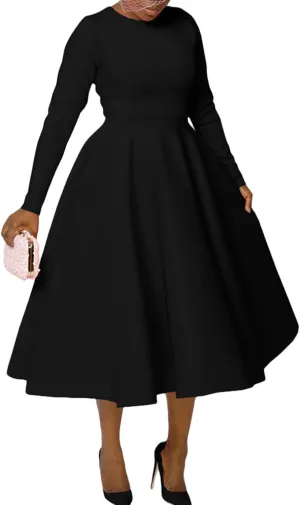 Famnbro Women's Vintage Cocktail Dresses 1950s Round Neck Long Sleeve A Line Formal Church Swing Maxi Dress