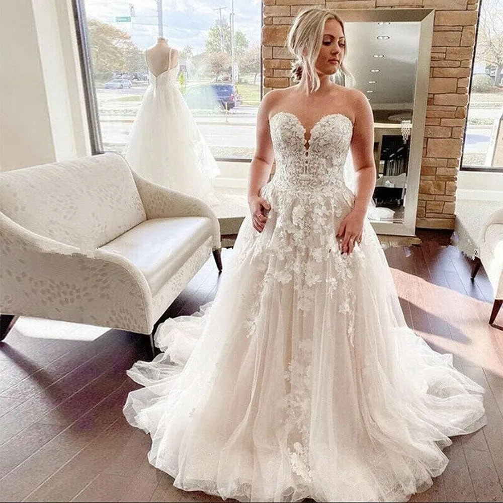 Fanciest Women's Lace Wedding Dresses for Bride 2024 Ball Gowns White