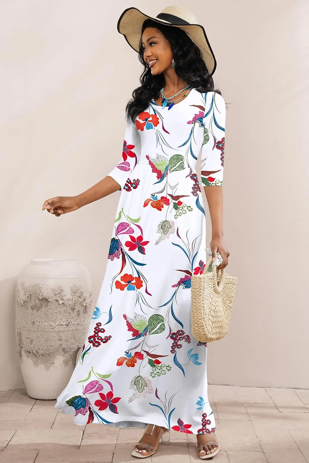FANDEE Summer Maxi Dress for Women 3/4 Sleeve Crew Neck Floral Print Casual Dress with Pockets