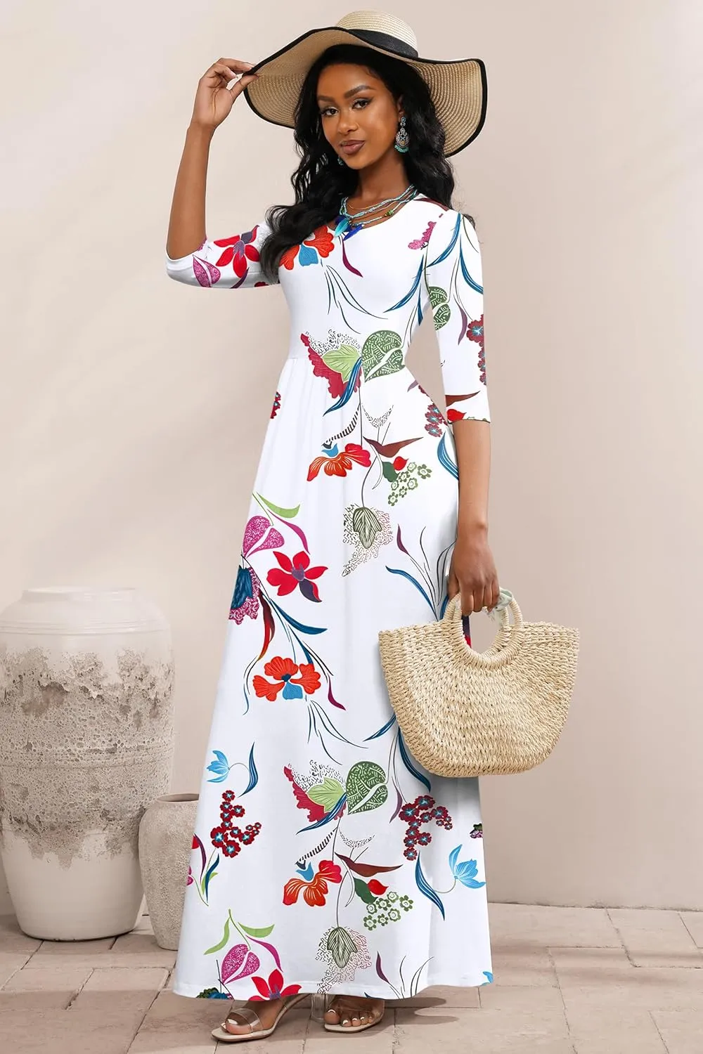 FANDEE Summer Maxi Dress for Women 3/4 Sleeve Crew Neck Floral Print Casual Dress with Pockets