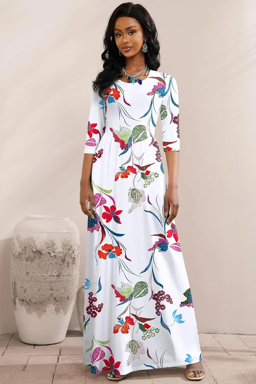 FANDEE Summer Maxi Dress for Women 3/4 Sleeve Crew Neck Floral Print Casual Dress with Pockets