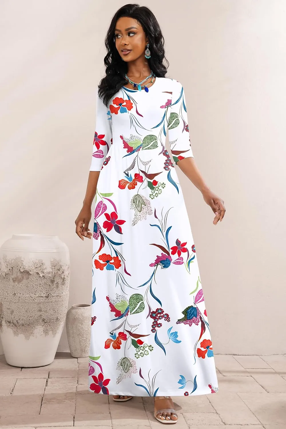 FANDEE Summer Maxi Dress for Women 3/4 Sleeve Crew Neck Floral Print Casual Dress with Pockets