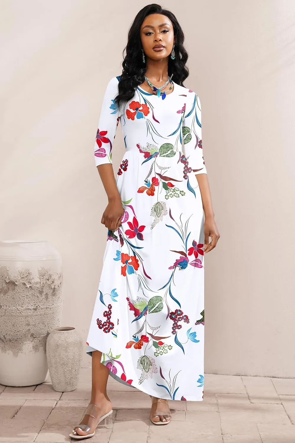 FANDEE Summer Maxi Dress for Women 3/4 Sleeve Crew Neck Floral Print Casual Dress with Pockets