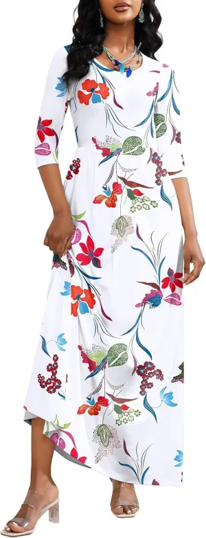 FANDEE Summer Maxi Dress for Women 3/4 Sleeve Crew Neck Floral Print Casual Dress with Pockets