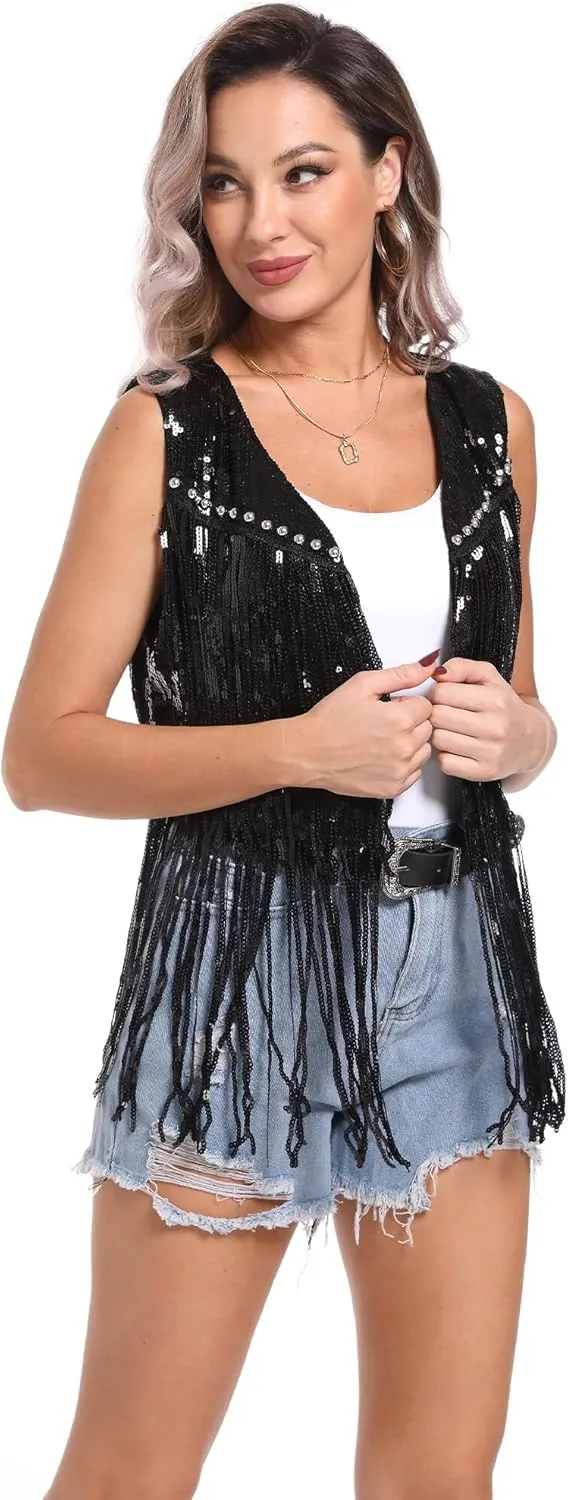 FEOYA Sequin Fringe Vest Jackets for Women Sparkly Shiny Glitter Tops Cowgirl Disco Shirt Tassel Cardigan Western Outfit